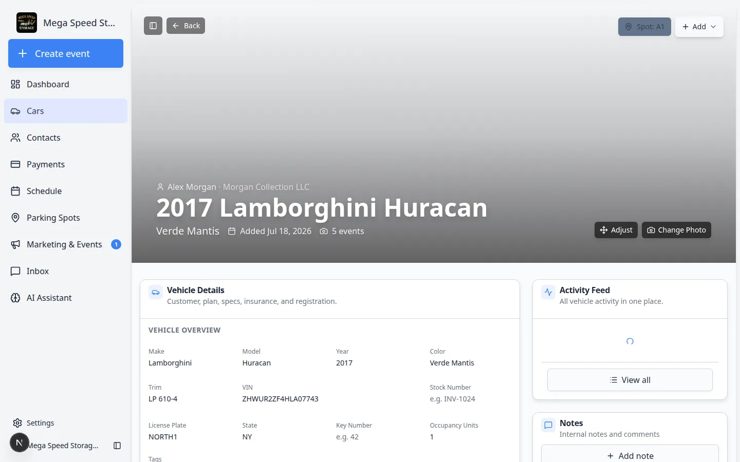 Parts section on a Lamborghini Huracan car record showing a table with part name, category, manufacturer, condition, and cost