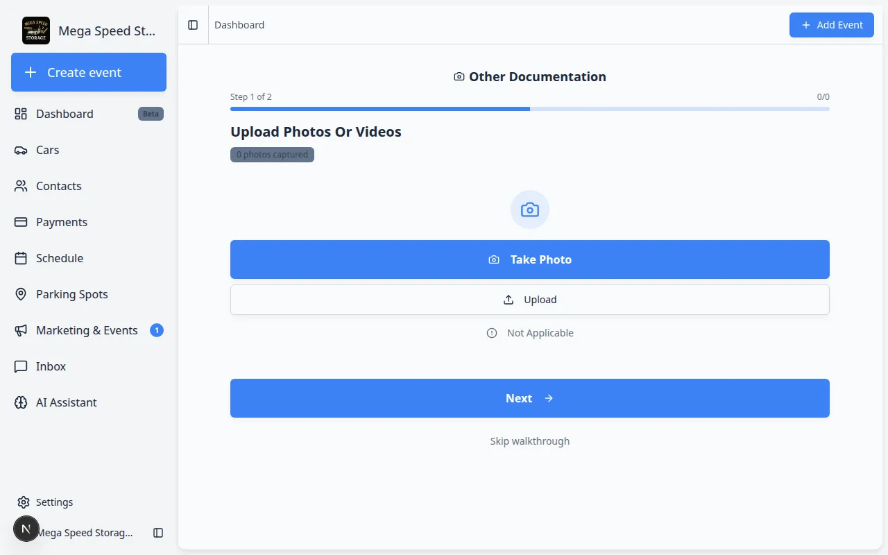 Quick Photo walkthrough screen showing Step 1 of 2 with Take Photo, Upload, and Not Applicable options