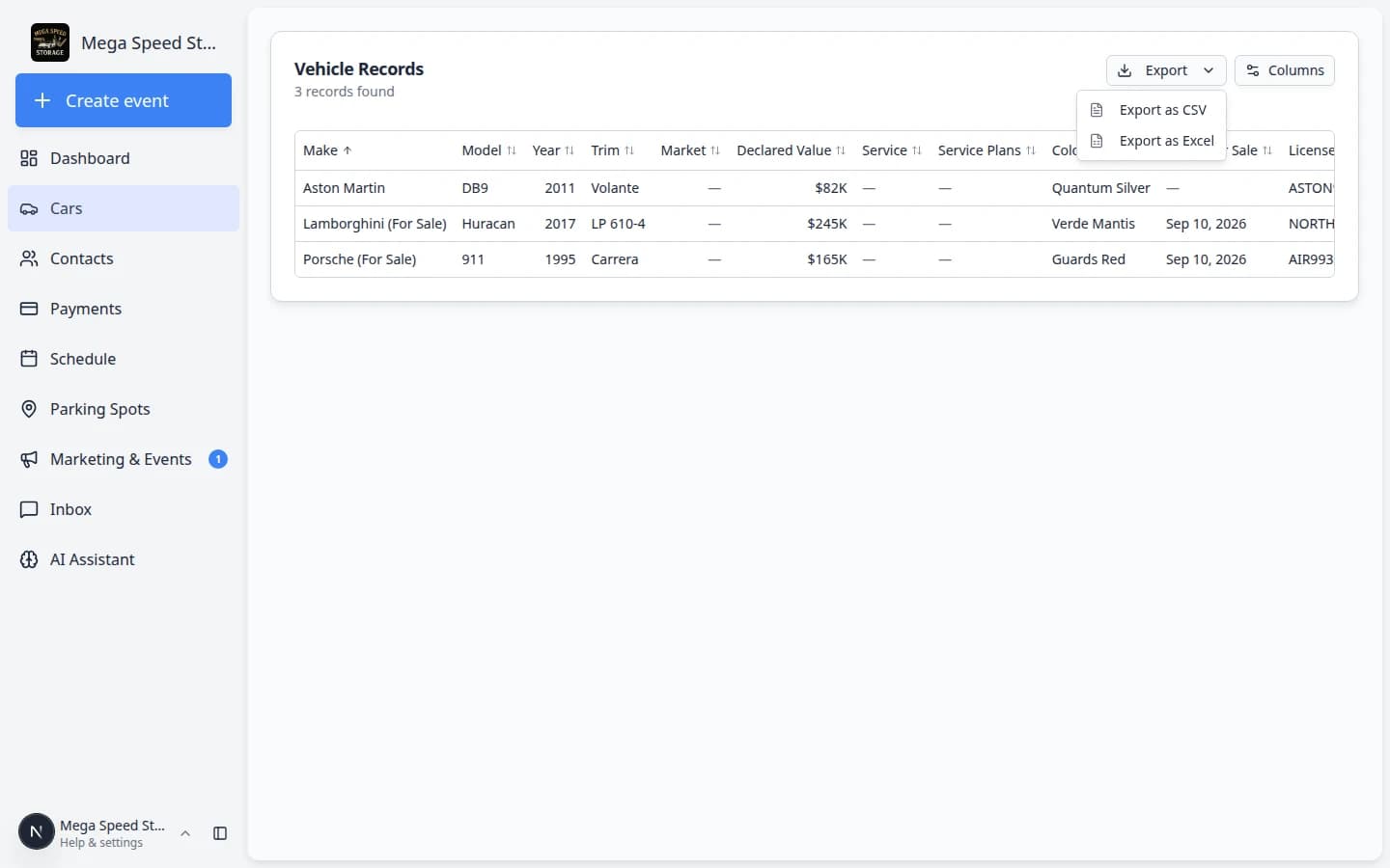 Export dropdown on Cars Report showing Export as CSV and Export as Excel options