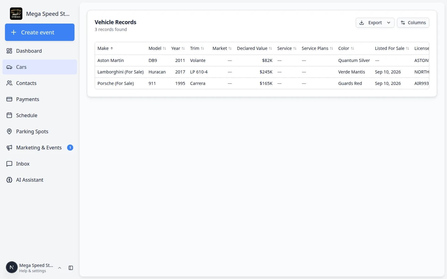 Cars Report page showing a table of vehicle records with Export and Columns controls