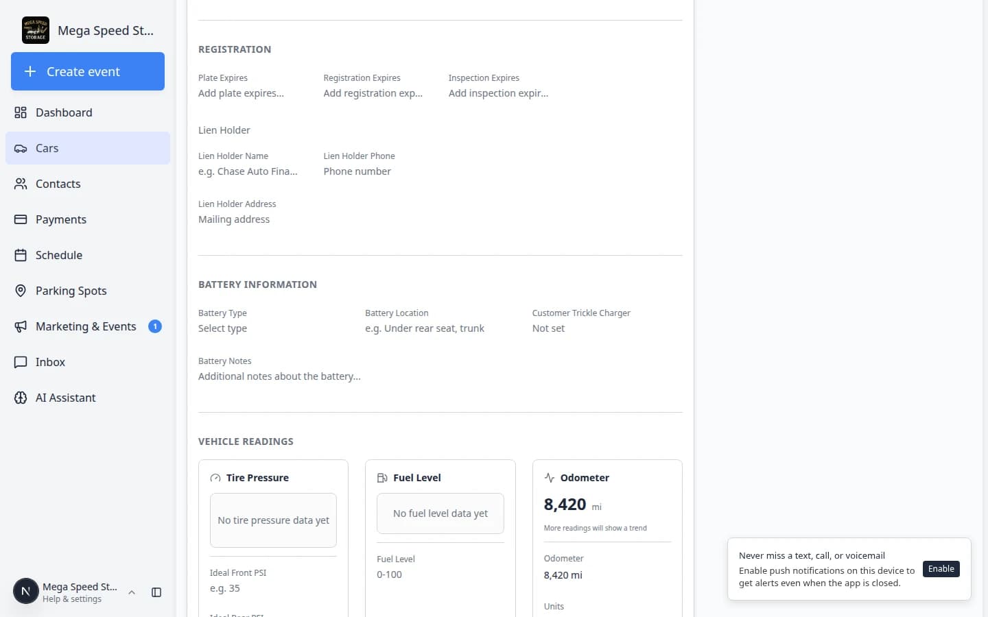 Service Plans section on a car detail page showing an assigned plan with start date and included services
