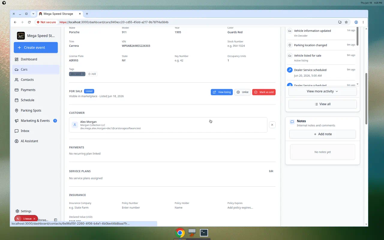 Service Plans section on a car record showing assigned plans or No service plans assigned with Edit button