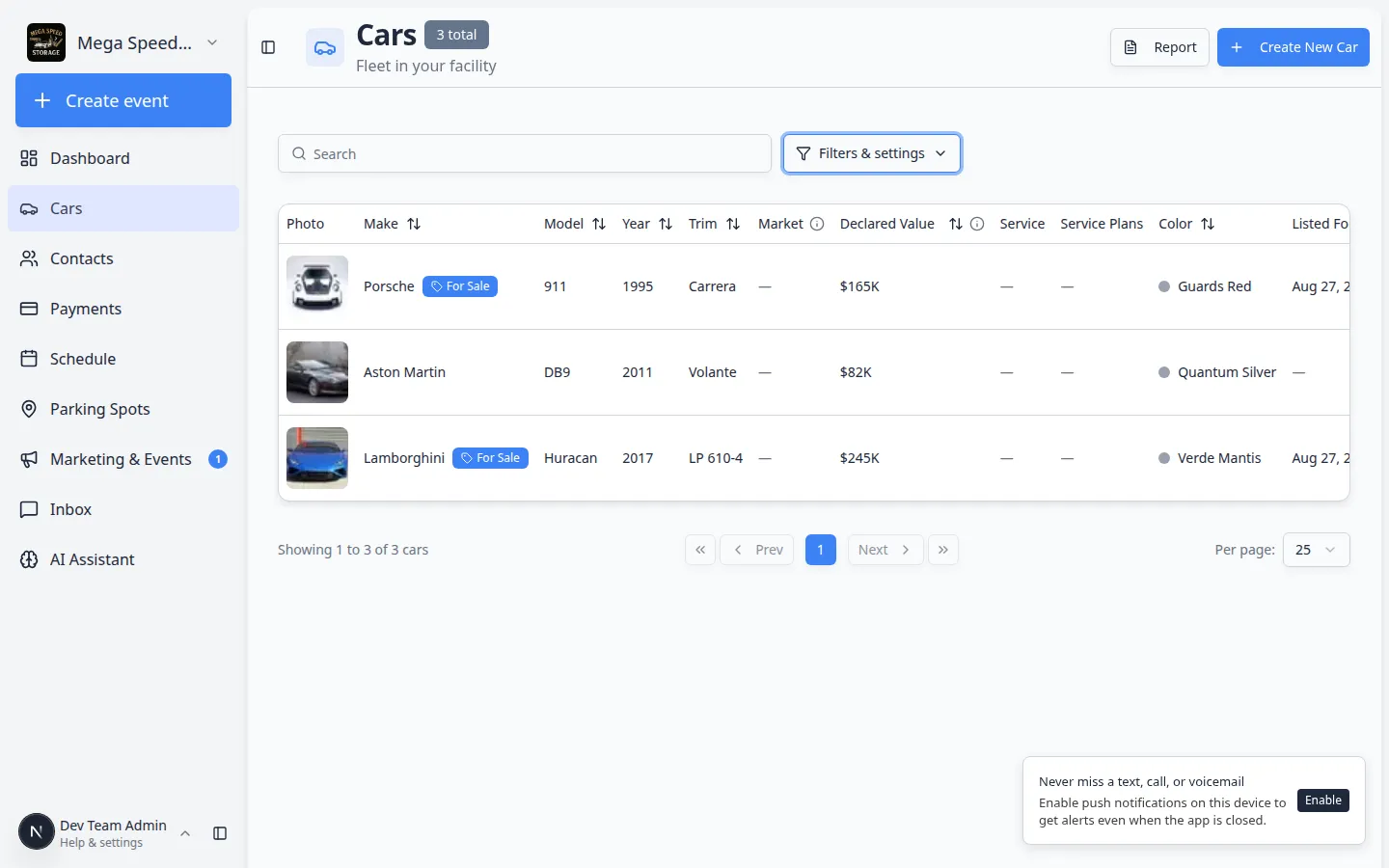Filters and settings panel on the Cars page with Tags checkboxes for VIP Storage, Consignment, and High Value