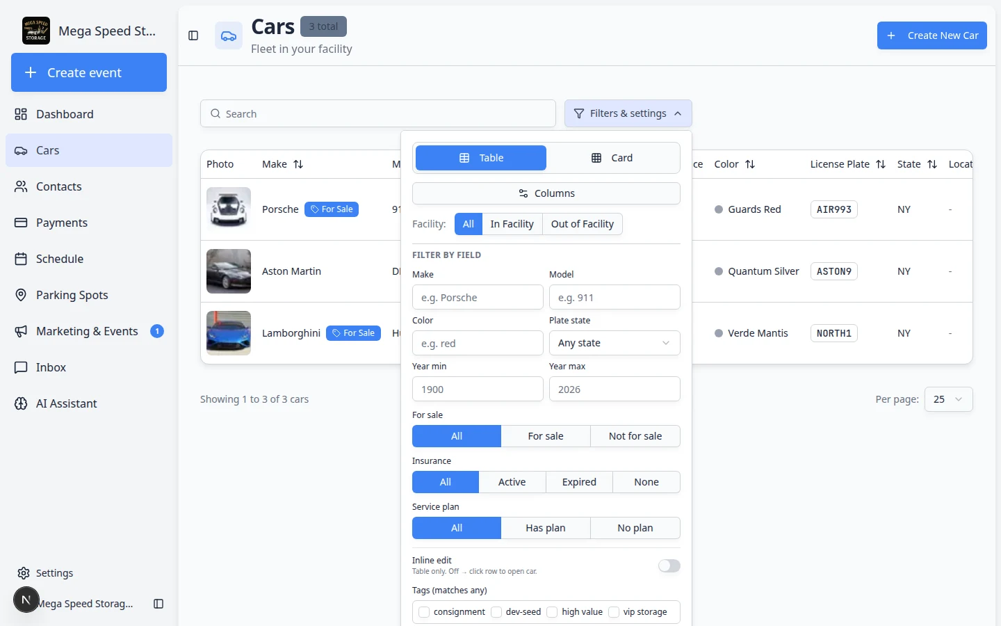 Filters and settings panel on the Cars page with Tags checkboxes for VIP Storage, Consignment, and High Value