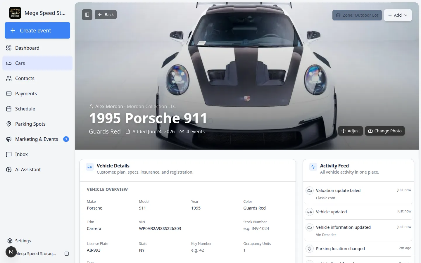 Vehicle Readings section showing Odometer, Fuel Level, and Tire Pressure fields on a car record