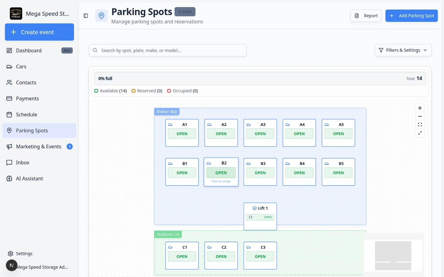 Parking Spots map view with a highlighted vehicle and labeled parking spots on the facility floor plan