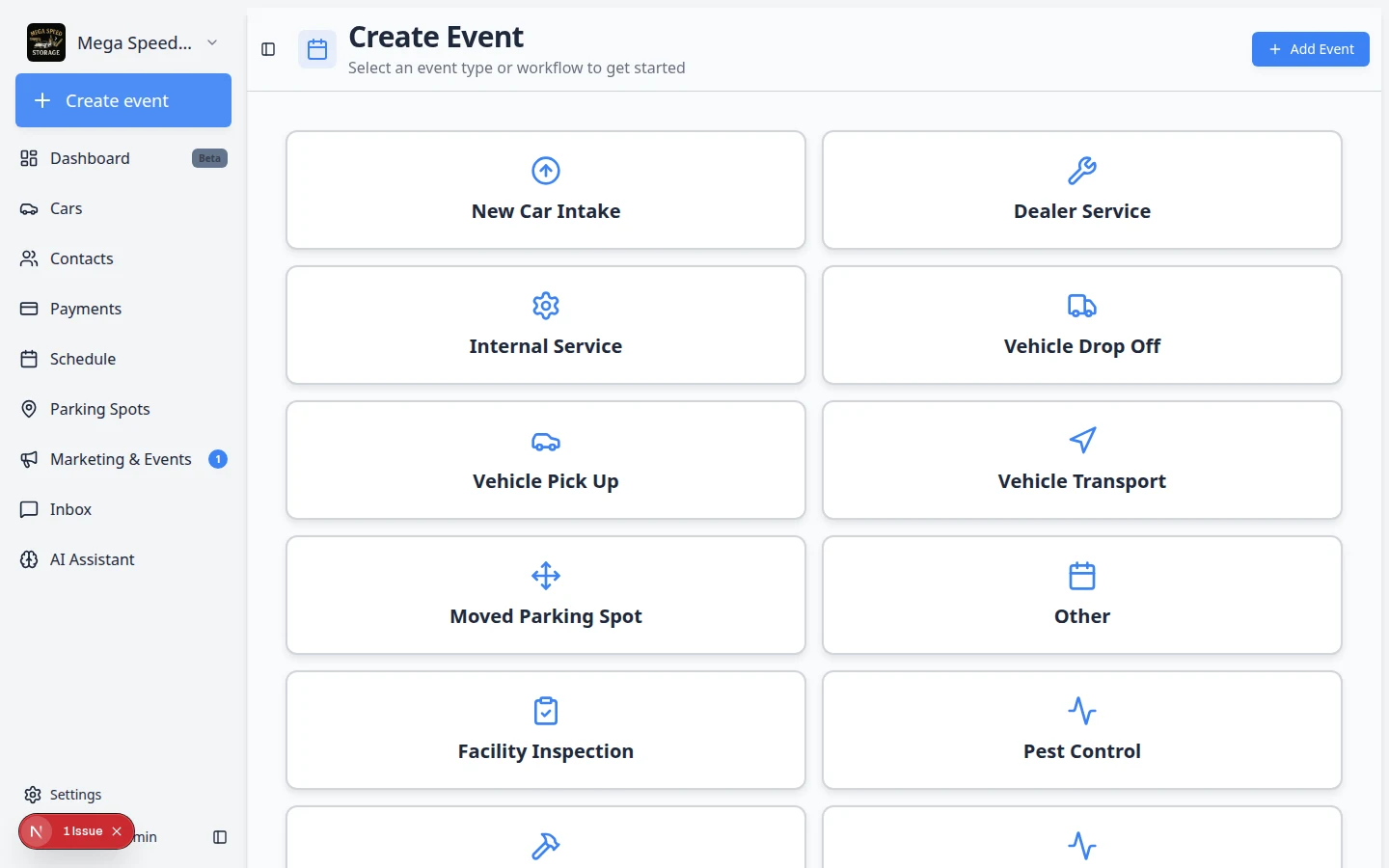 Create New Event dialog showing event type selector, date picker, and time slots