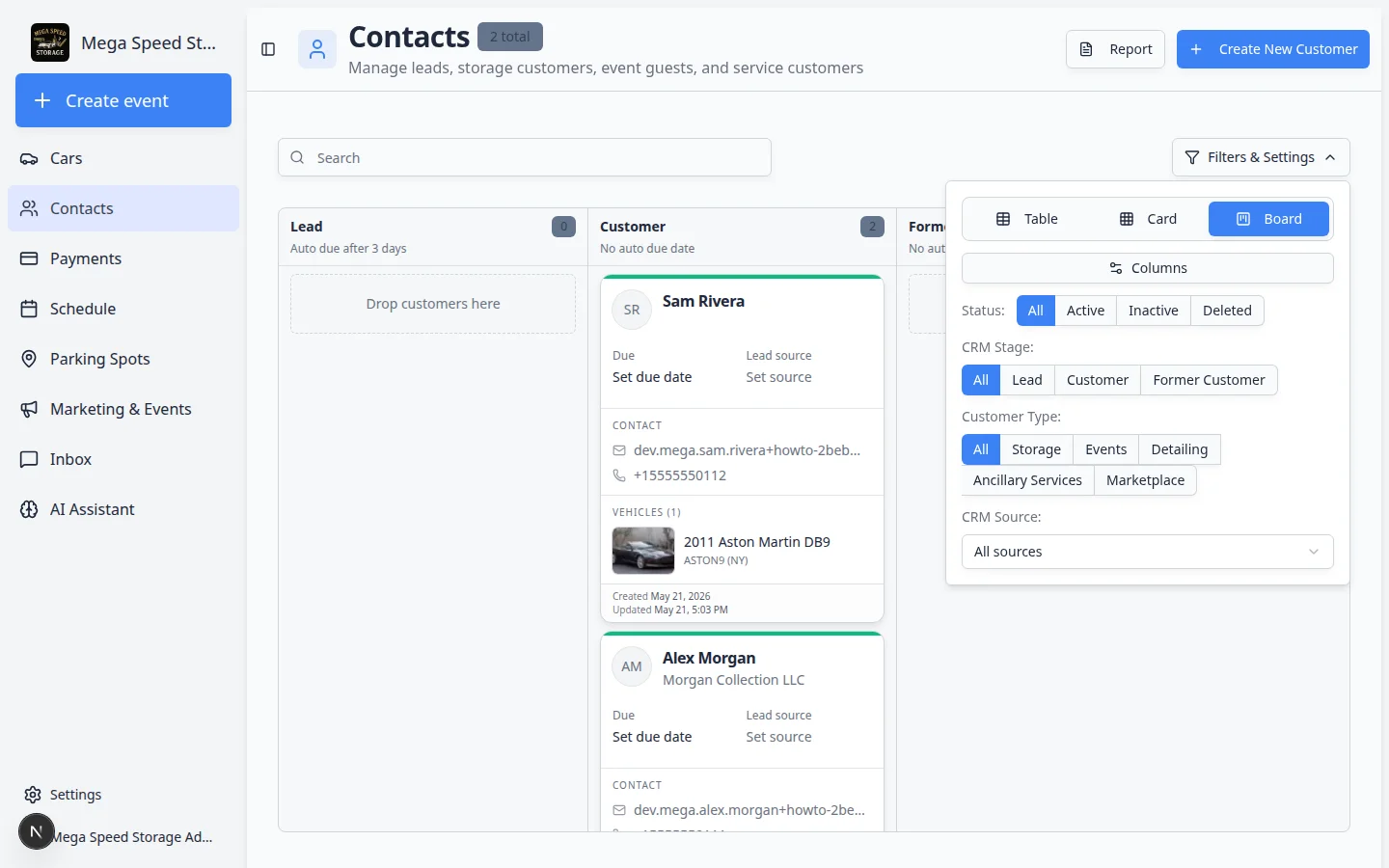 Contacts board view showing customer cards grouped into CRM stage columns