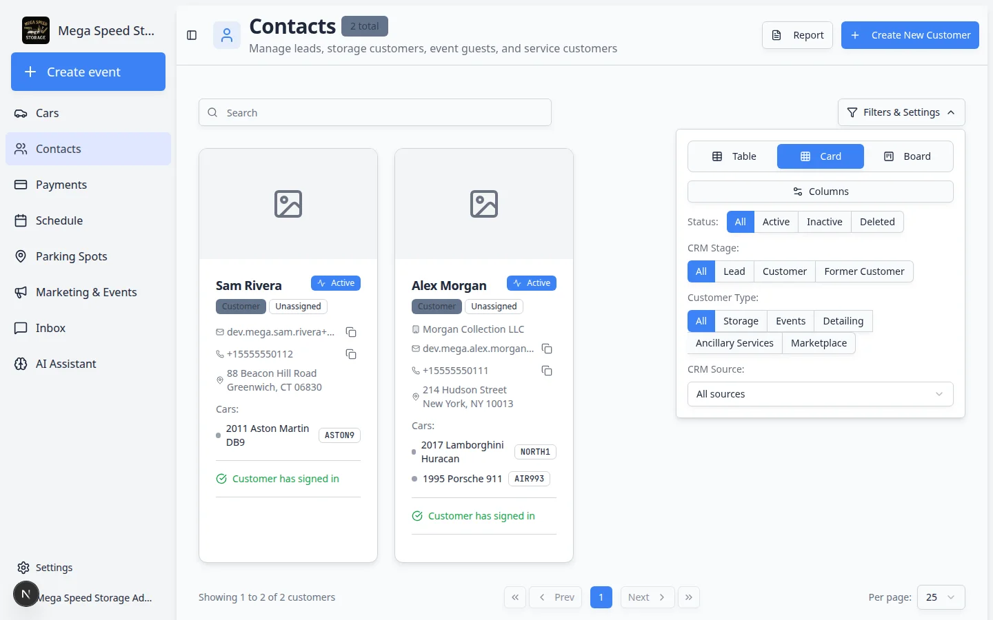 Contacts card view showing customer cards with names, contact details, and quick actions