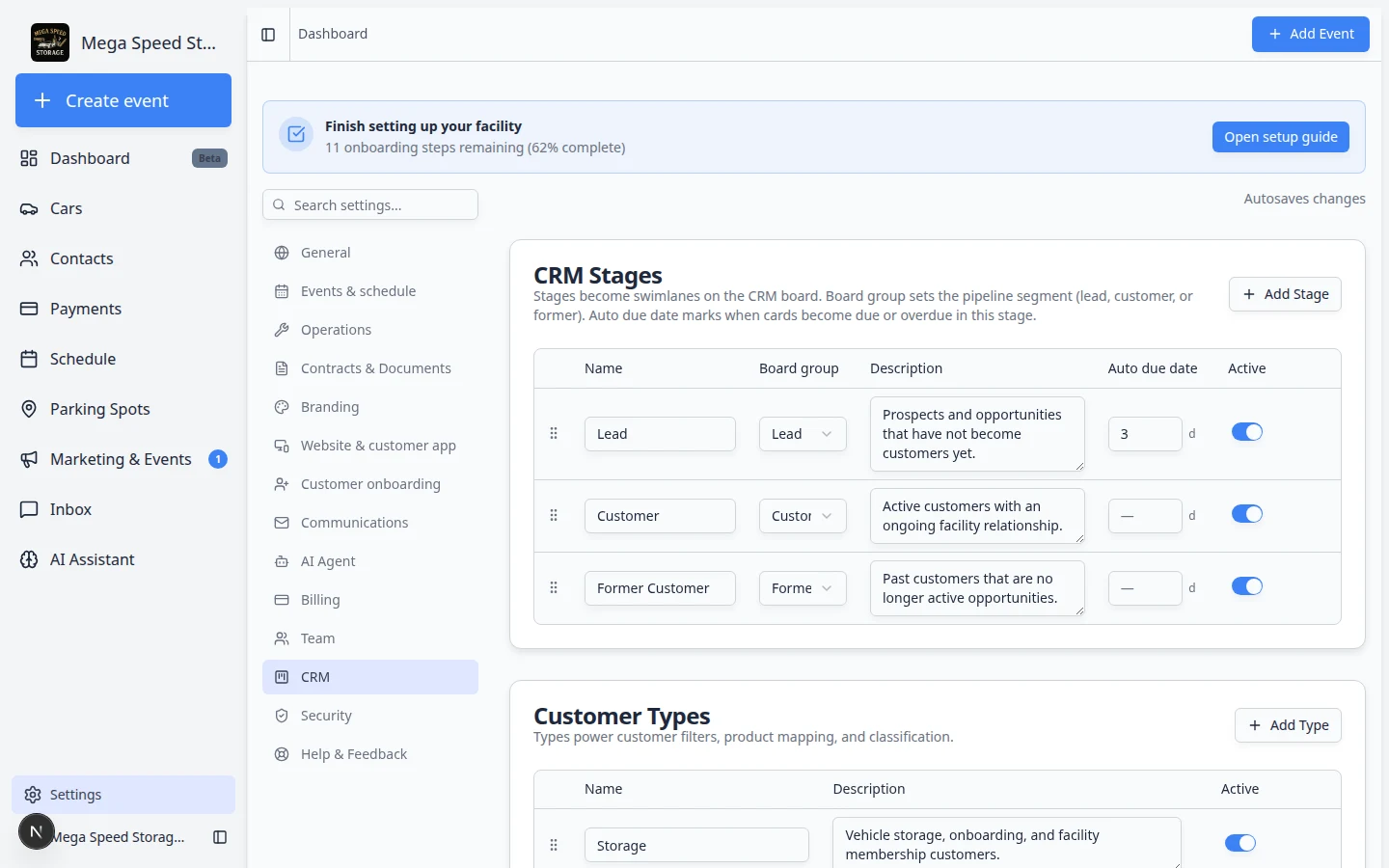 Settings CRM page showing pipeline stages, customer types, and lead sources your facility can use on customer records