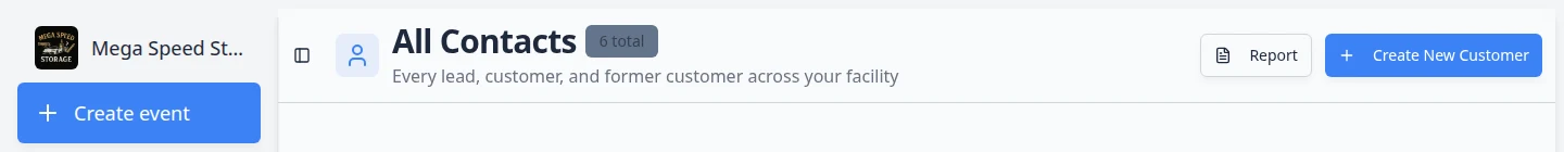 All Contacts page header showing the page title, Create New Customer button, and Report button