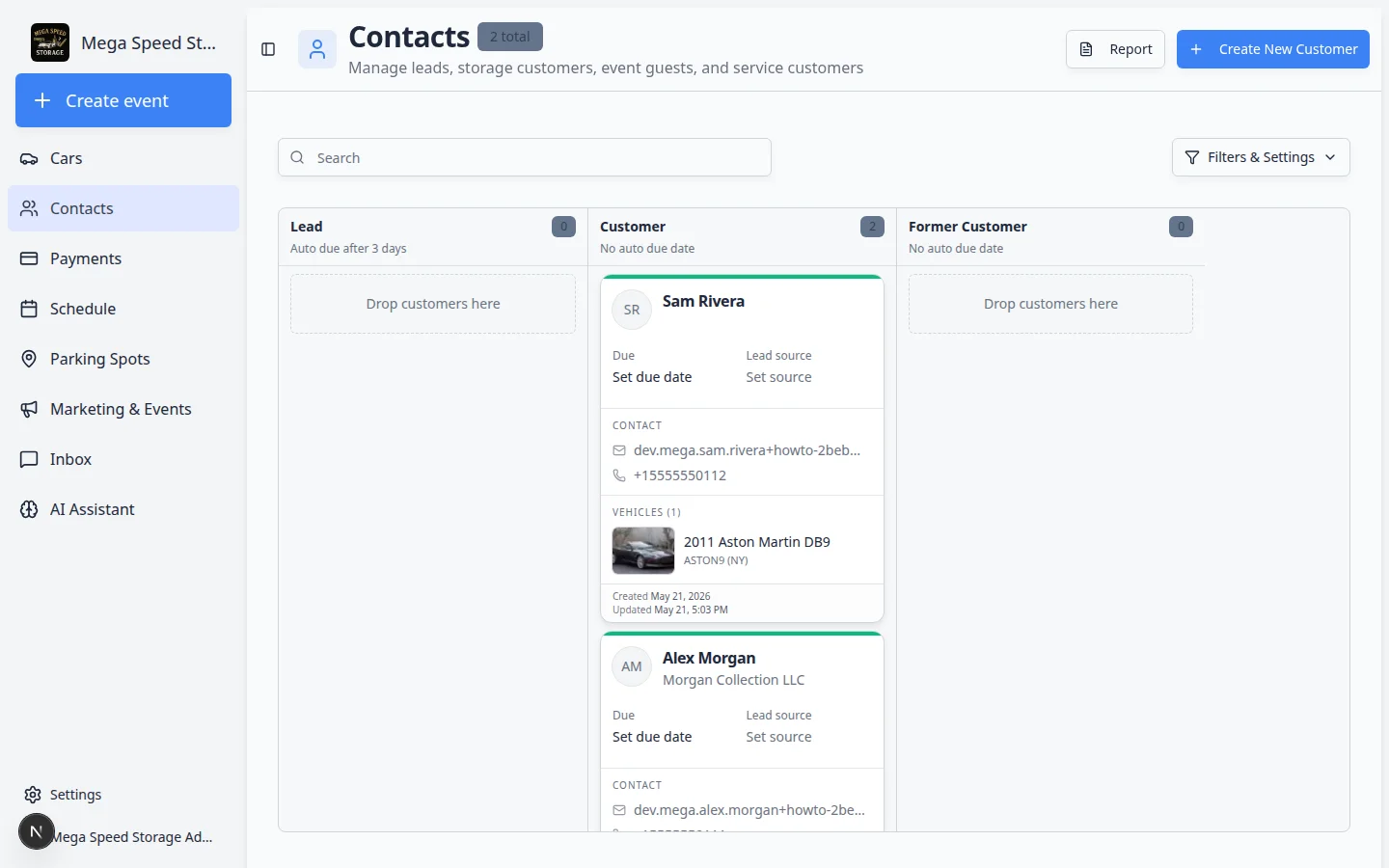 Contacts list page in the dashboard showing the customer table with columns for name, email, phone, cars, and CRM stage