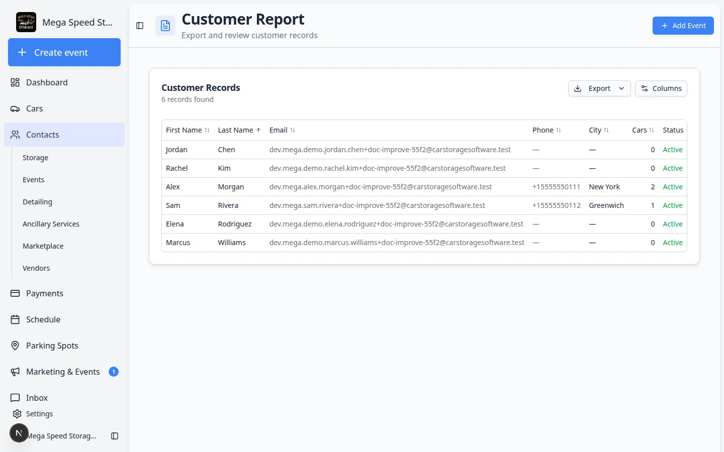 Customer Report Export menu open with Export as CSV option