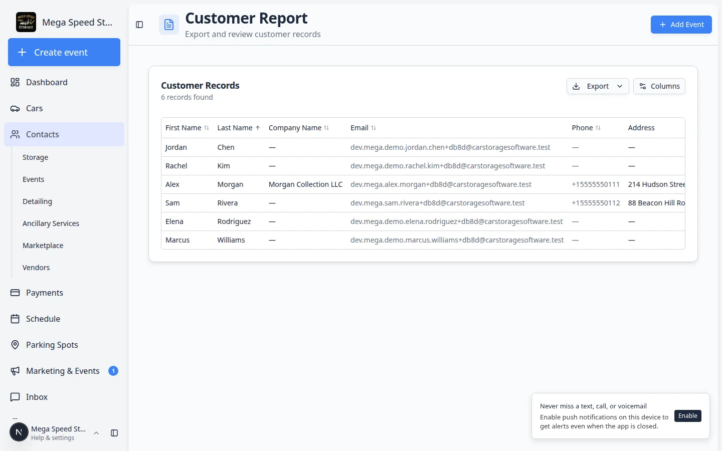 Customer Report page showing a table of customers with name, email, cars, status, and account status columns