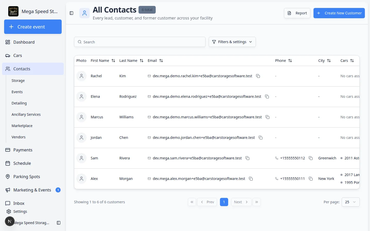 Contacts sidebar expanded showing All Contacts, Storage, Events, Detailing, Ancillary Services, Marketplace, and Vendors