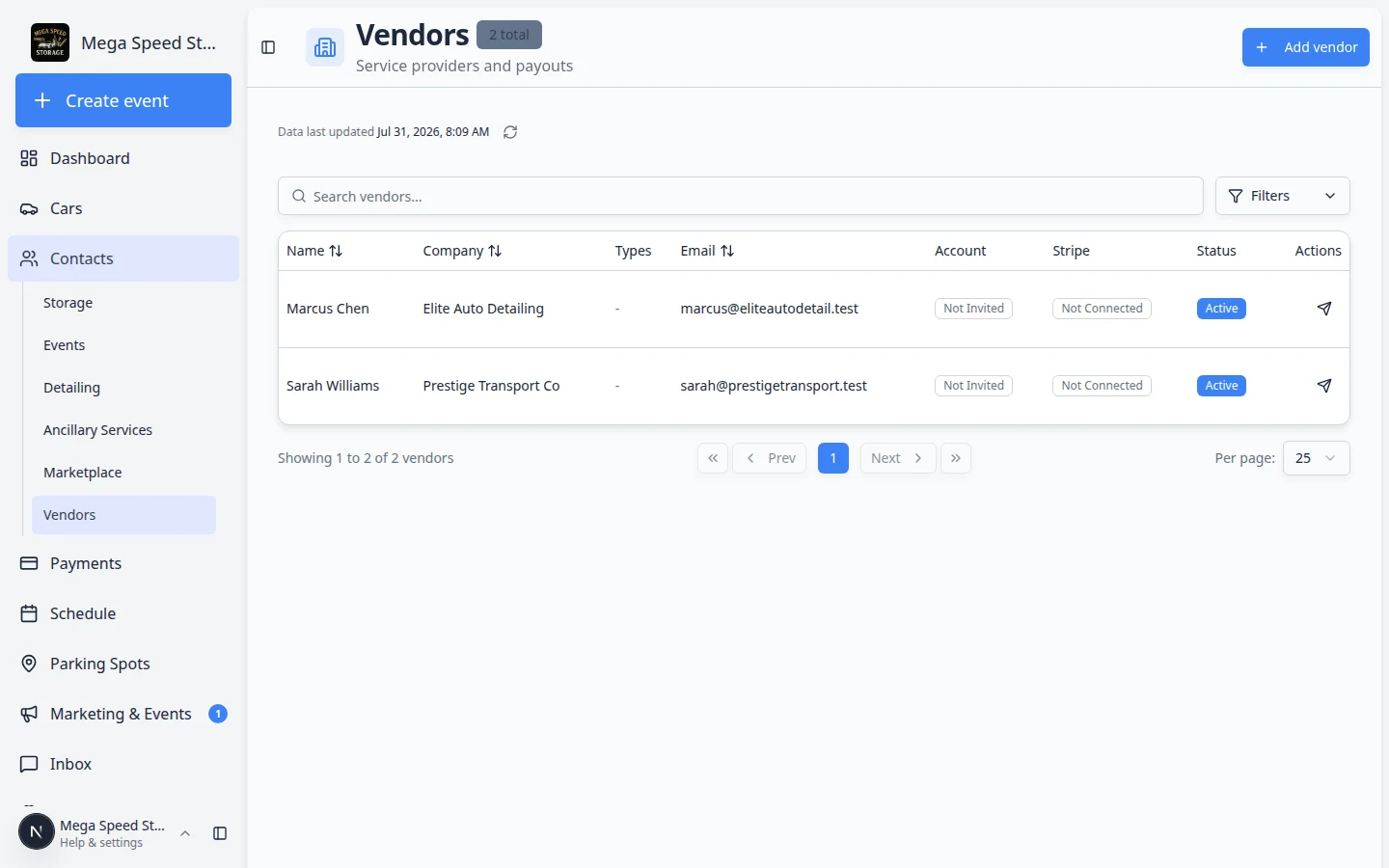 Vendors table showing company names, contact emails, phone numbers, and status with search bar at the top