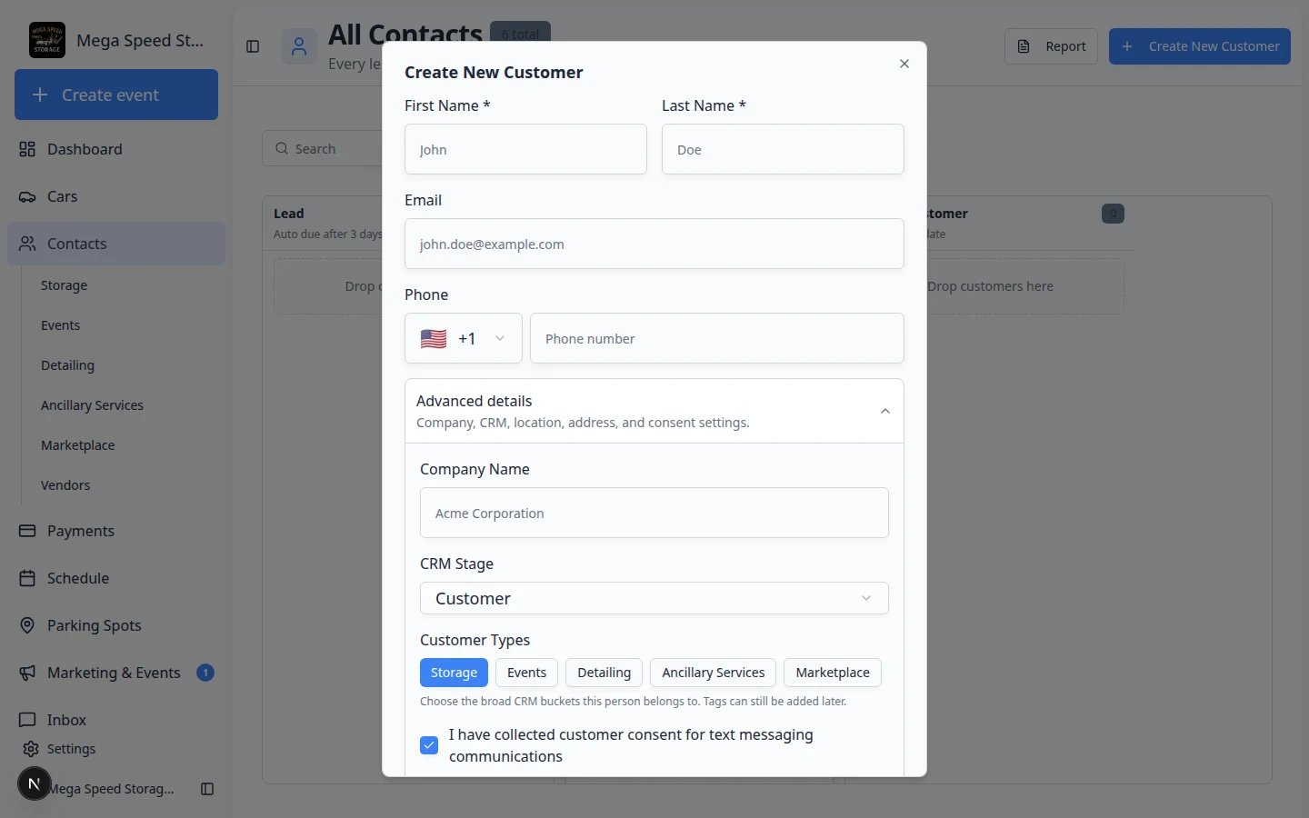 Create customer dialog with contact fields