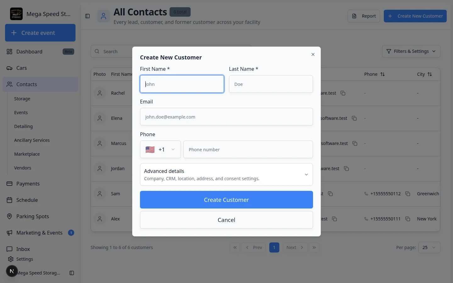 Create New Customer dialog showing first name, last name, email, phone, and Advanced details section