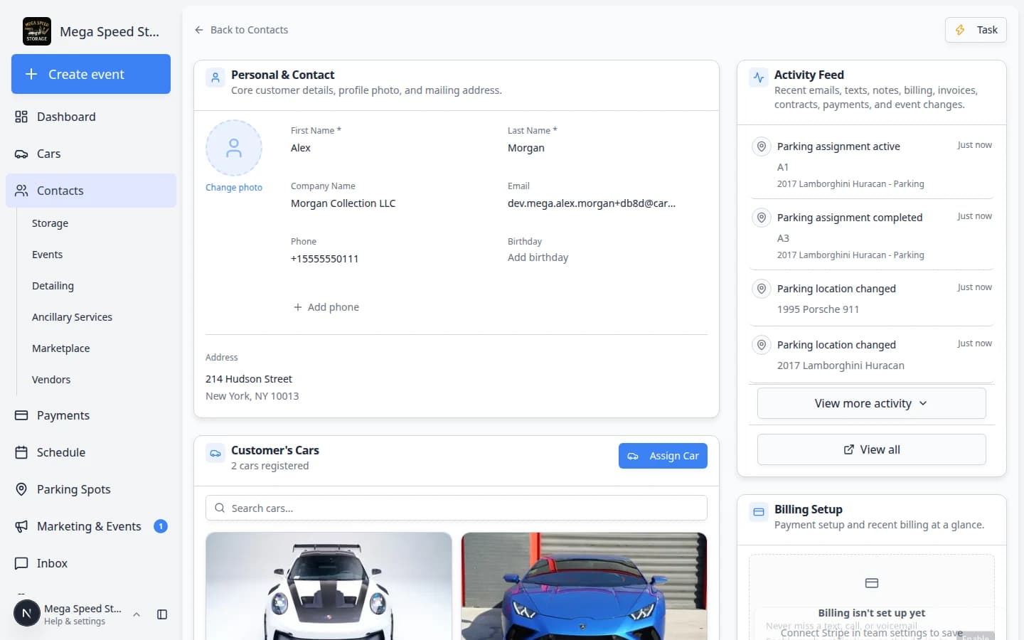Activity Feed on a customer detail page showing recent messages, notes, and billing events in one timeline