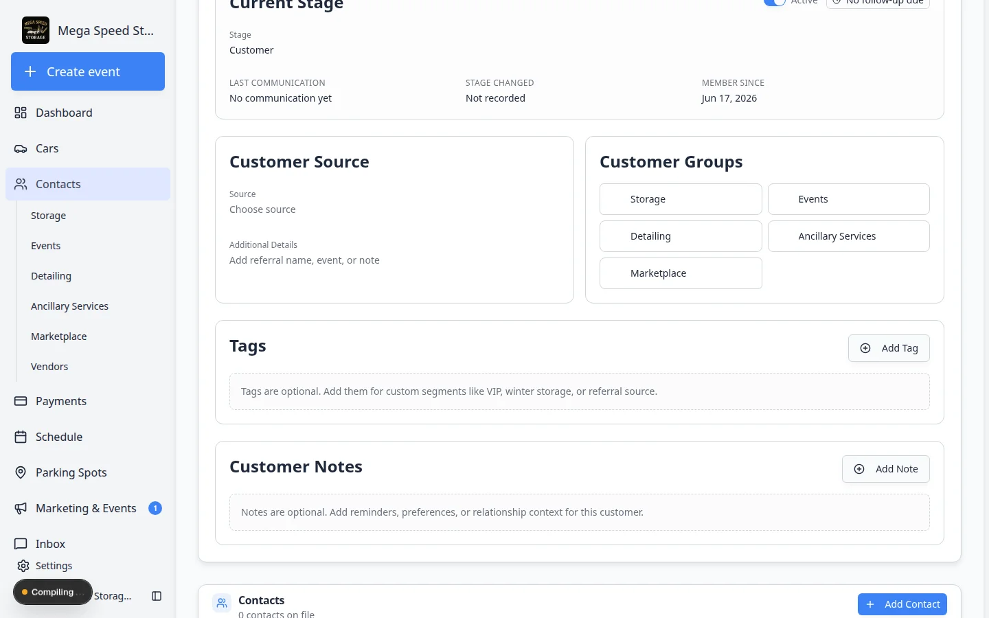 Activity Feed section on a customer detail page showing recent communication and billing events