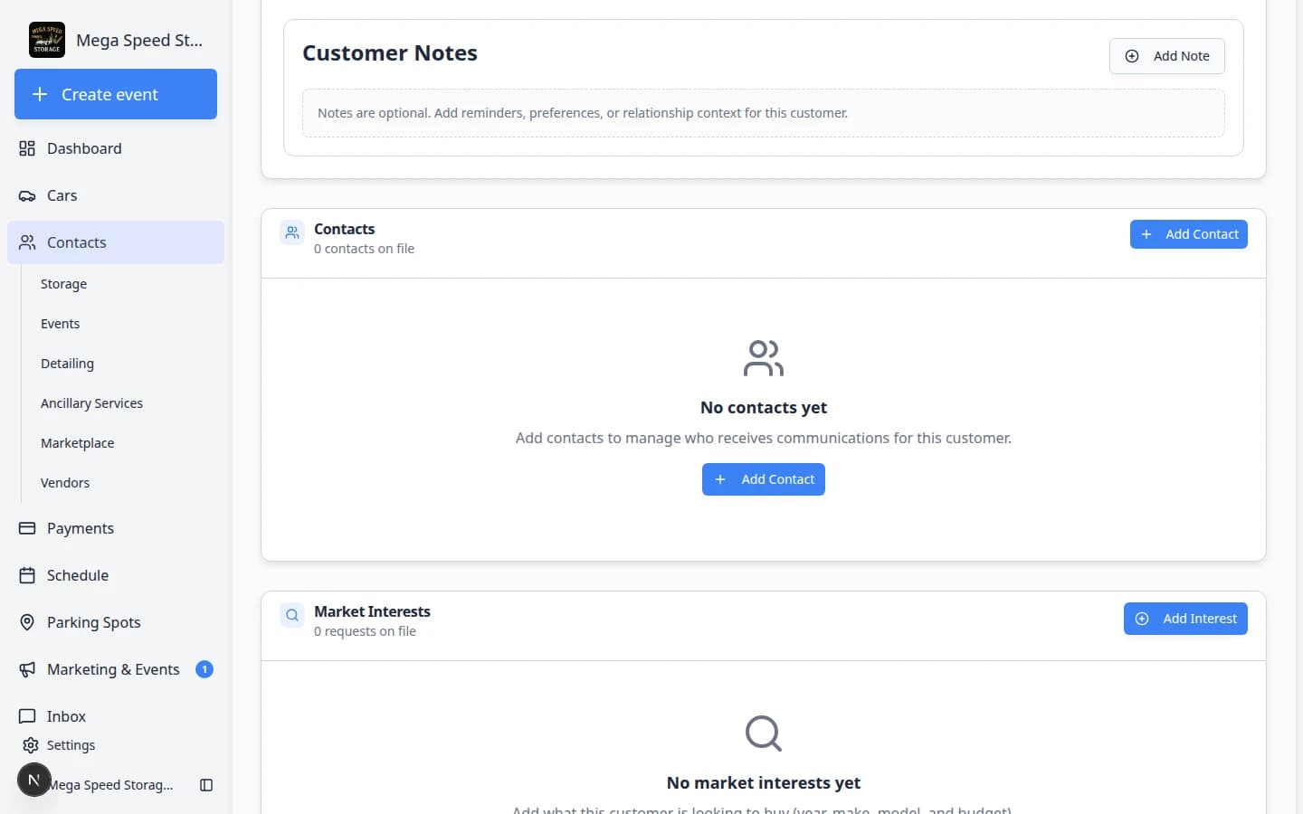 Contacts section on customer detail page showing an additional contact with role, email, communication preferences, and action icons for edit, send invite, and delete
