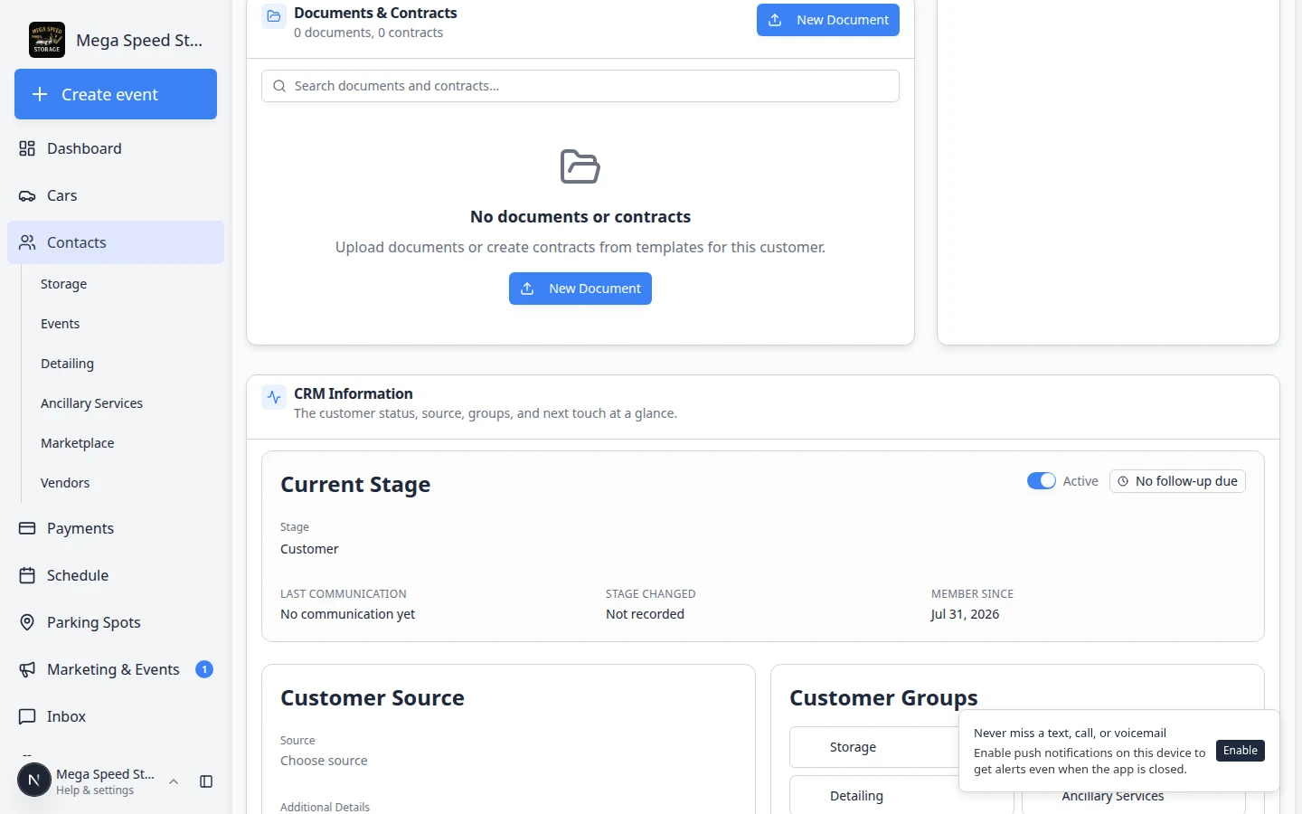 CRM Information section showing the Active Inactive switch beside Current Stage