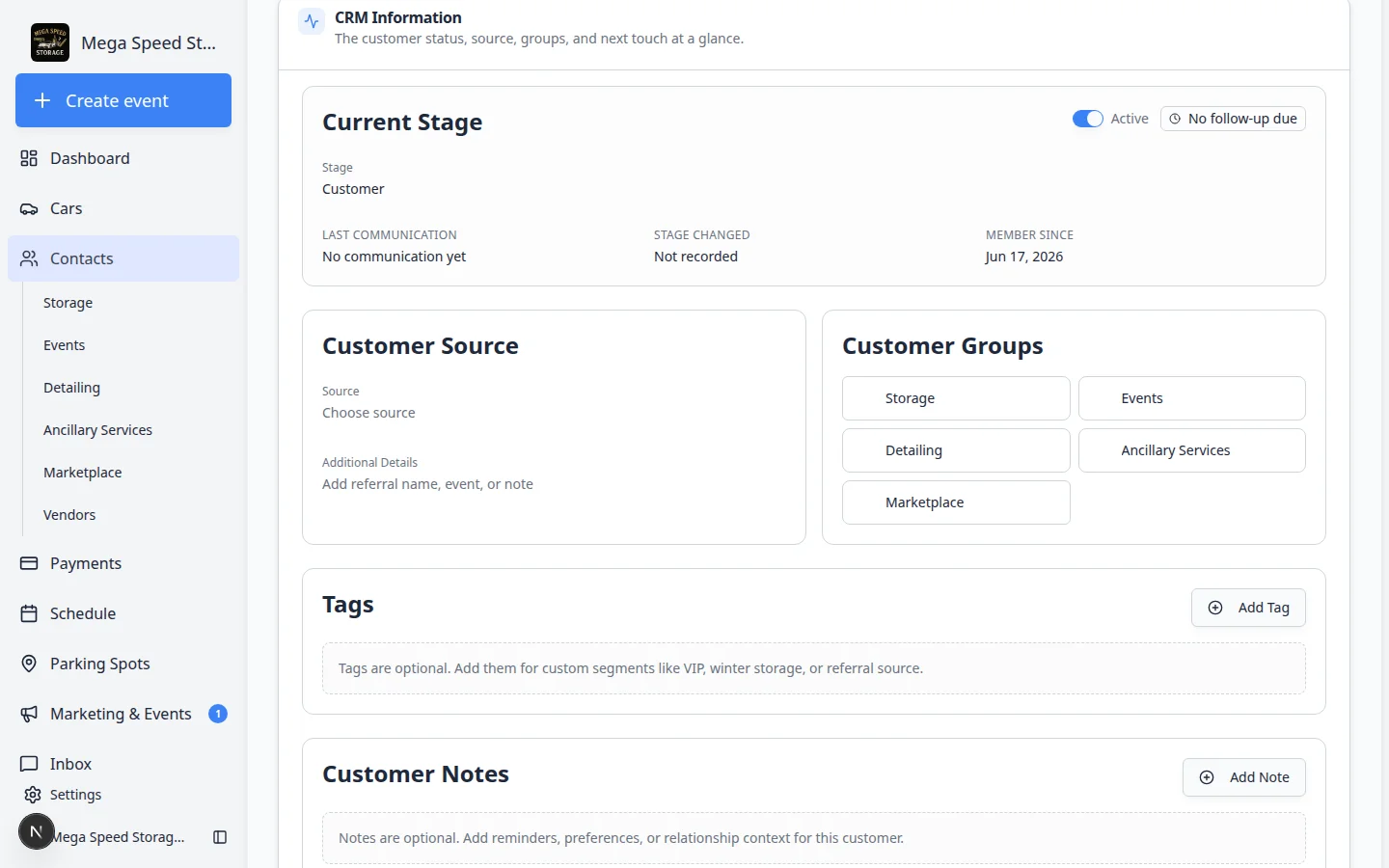 CRM Information section showing Active toggle and Current Stage