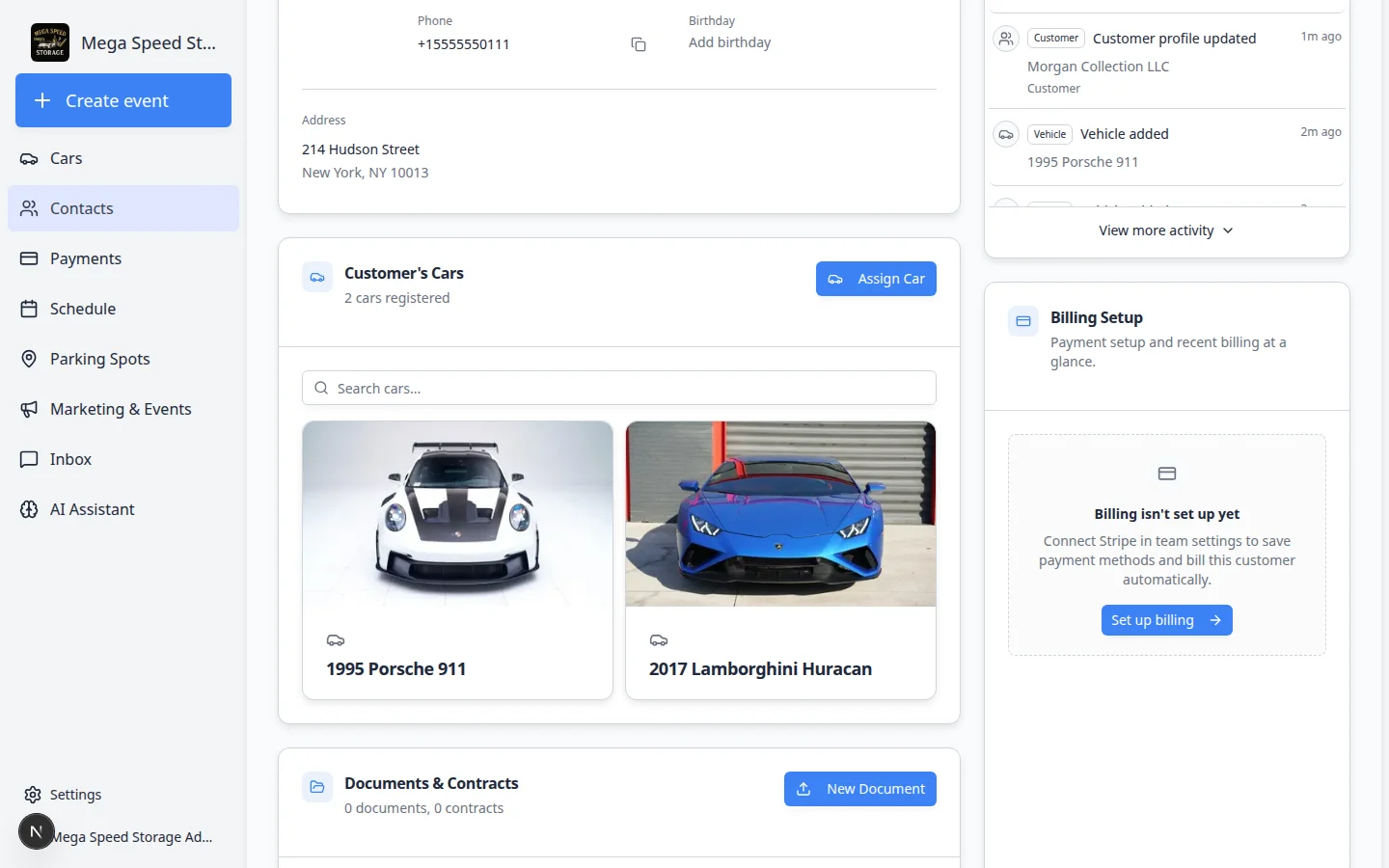 CRM Information section showing current stage, source, customer groups, and tags