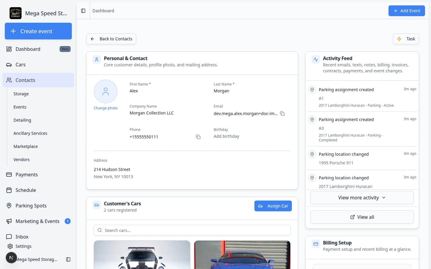 Customer detail page showing name, contact fields, and sections for cars and follow-up work