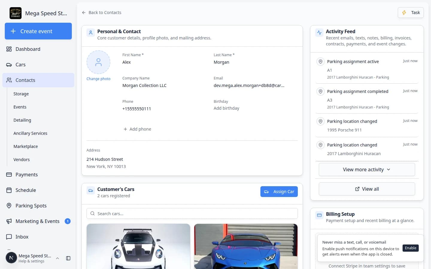 Customer detail page showing the personal information section with fields for name, email, phone, company, and address