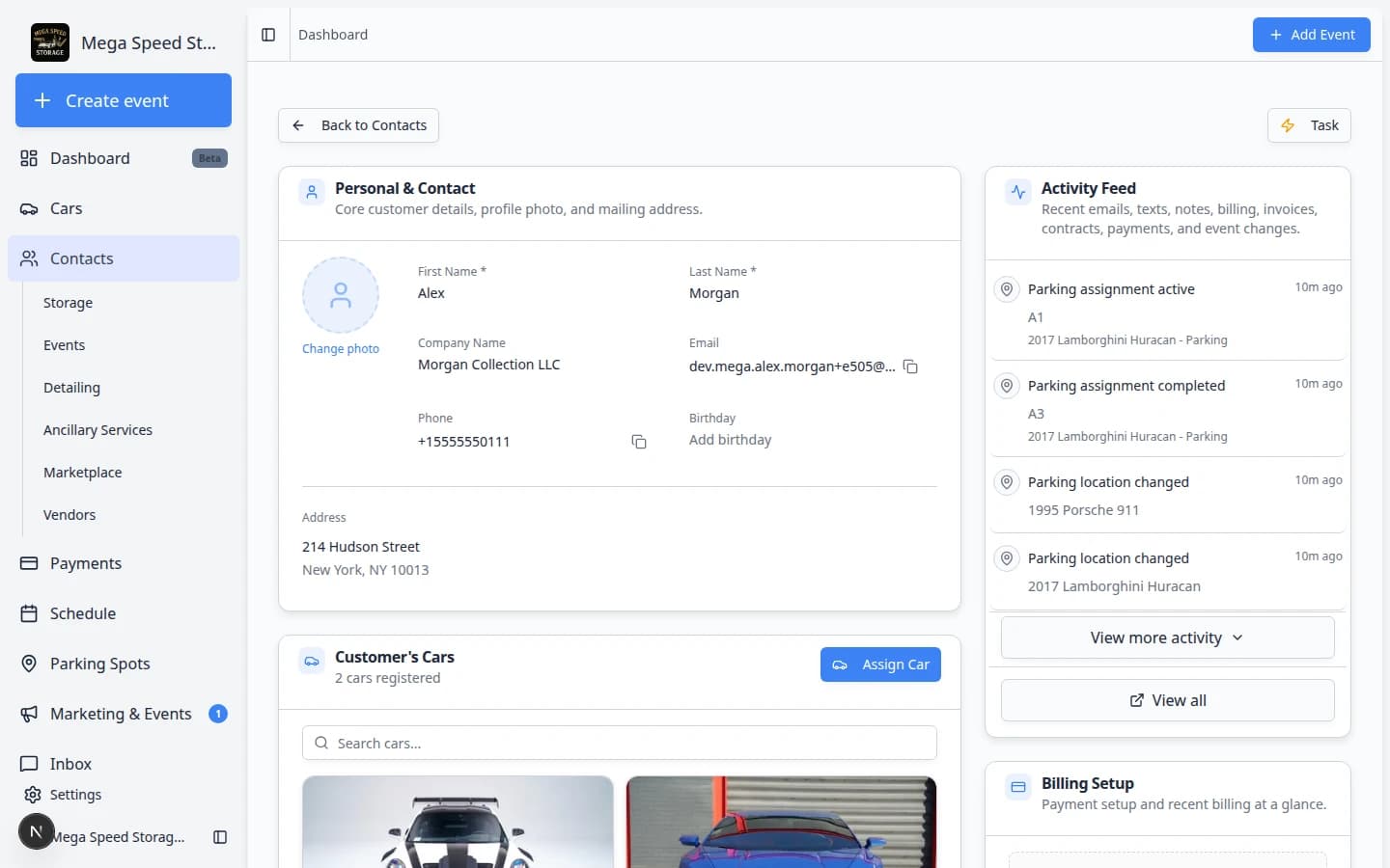 Customer detail page showing the personal information section with fields for name, email, phone, company, and address