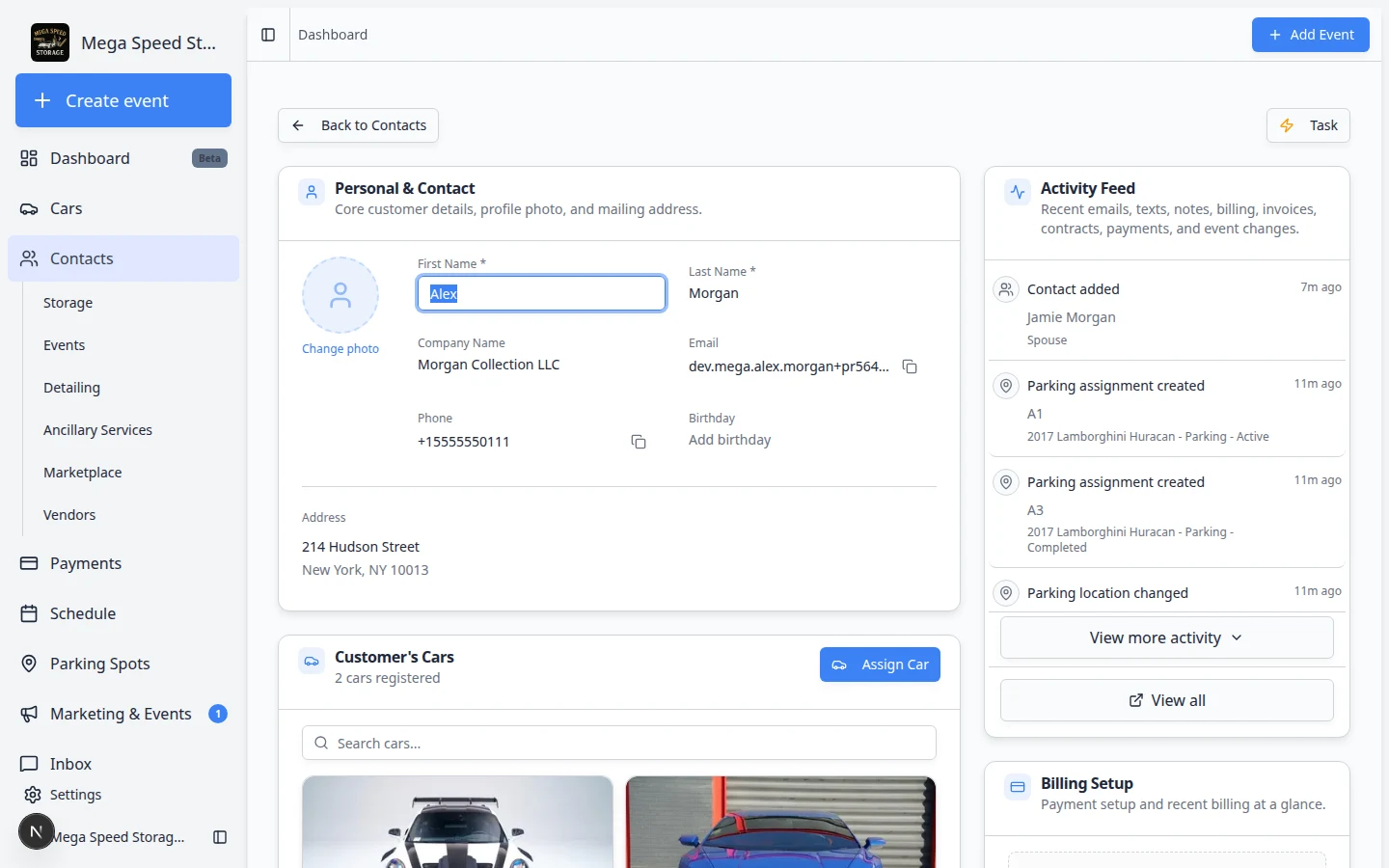 Customer detail page with an inline edit field open for updating contact information