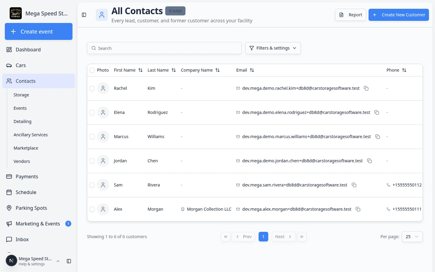 All Contacts table showing customer rows with billing and portal status columns