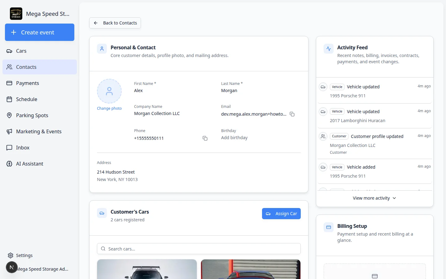 Customer detail page in the staff dashboard showing a customer record with contact details and linked account information