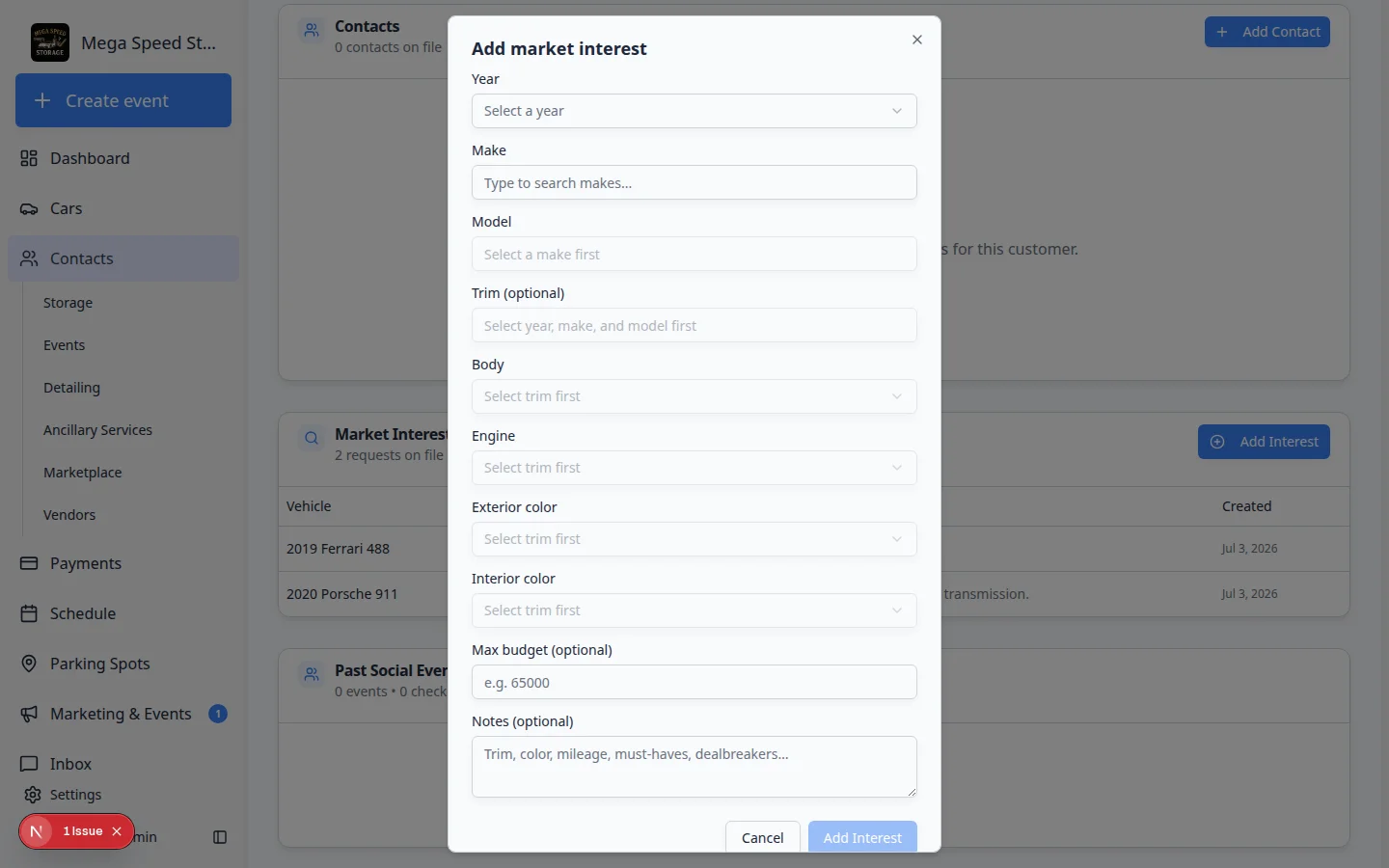 Add market interest dialog with Year, Make, Model, Trim, Budget, and Notes fields