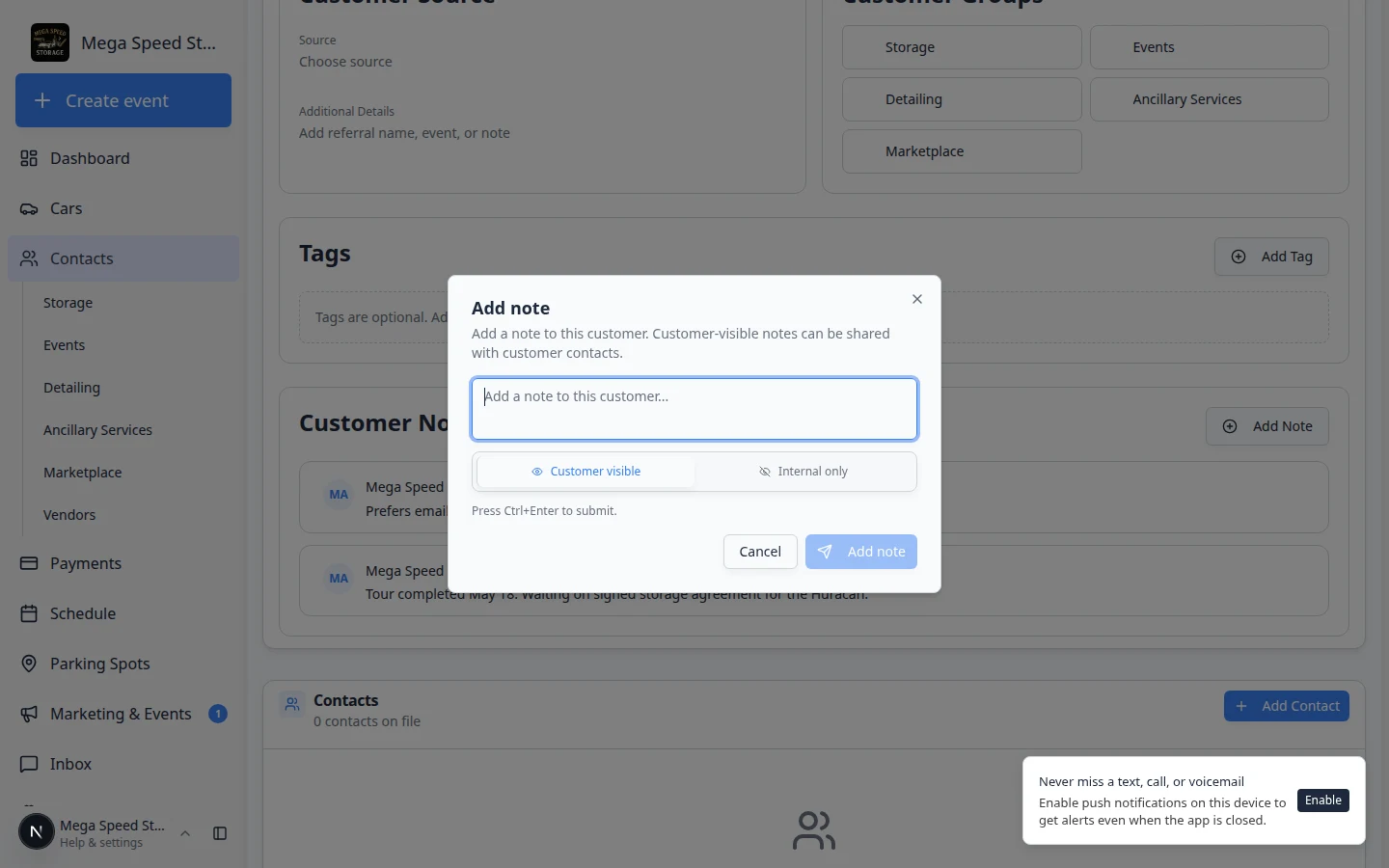 Add note dialog with a text area, Customer visible and Internal only toggle, and Add note button