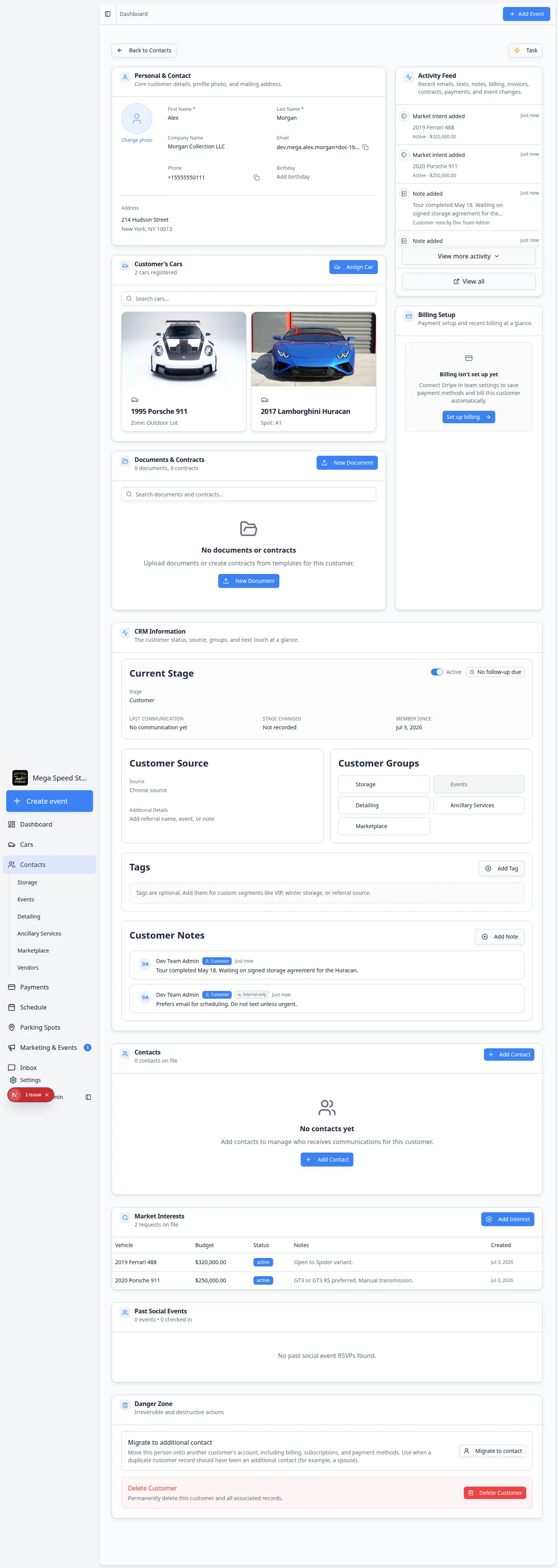 Customer detail page showing the Customer Notes section with two notes, author initials, and Customer visible or Internal only labels