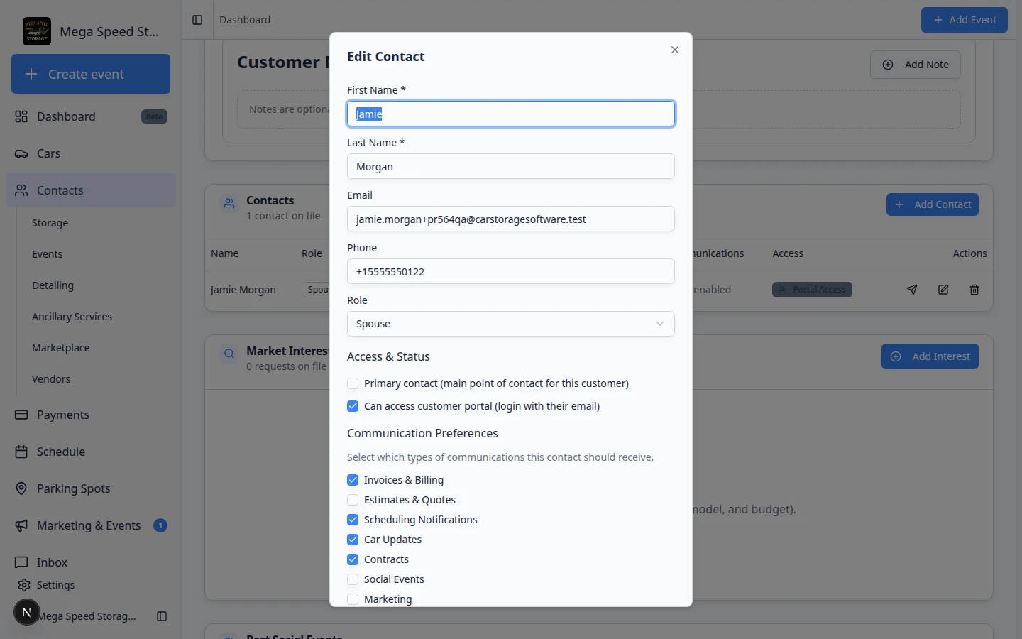 Edit Contact dialog showing the Can access customer portal checkbox for an additional contact