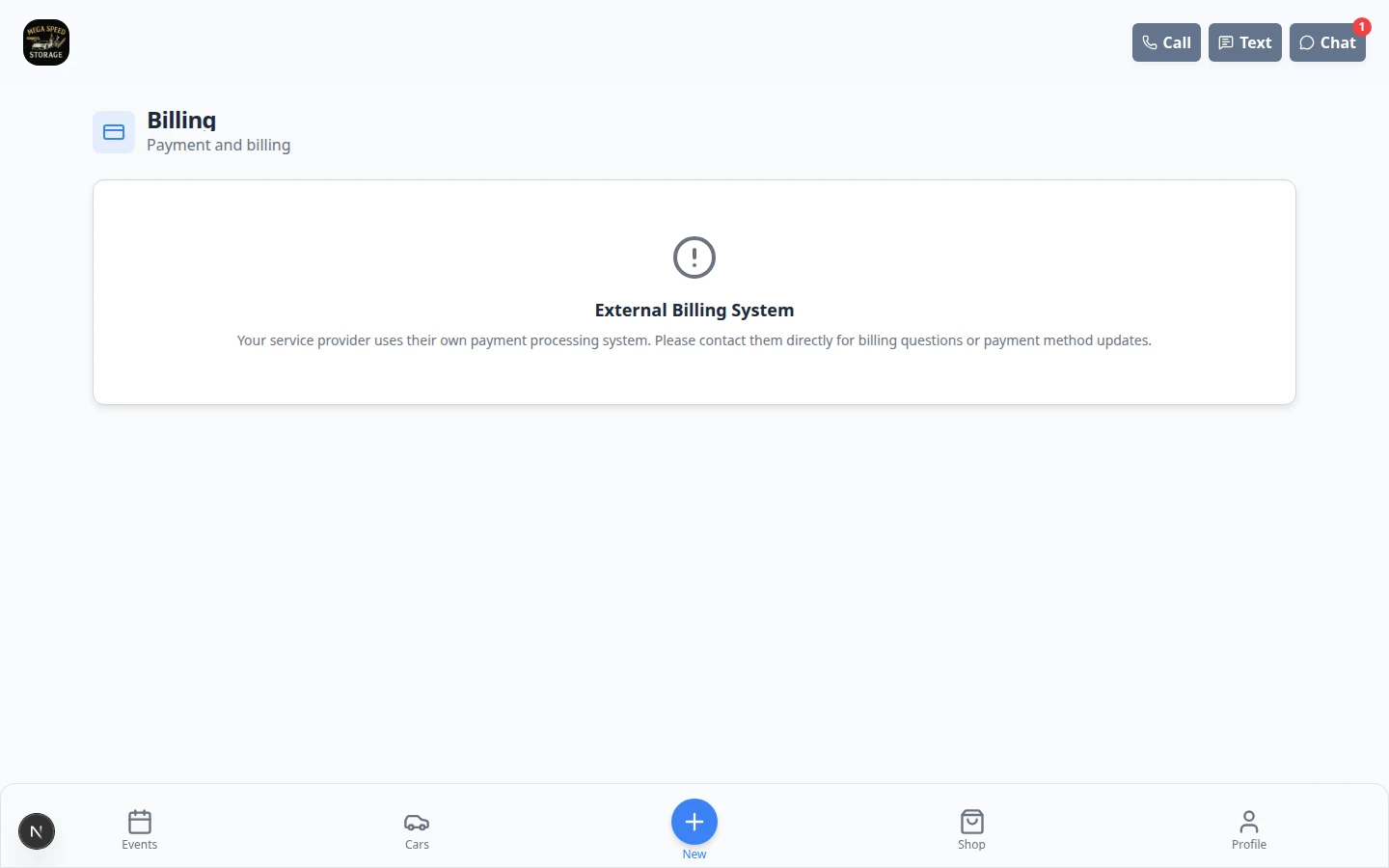 Customer portal Billing page showing billing navigation and account billing information