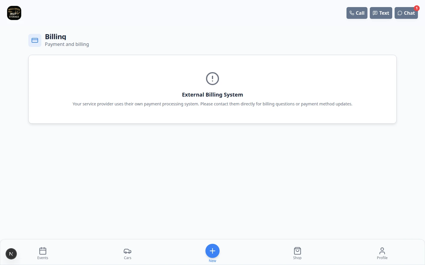 Customer portal Billing page showing billing navigation and account billing information