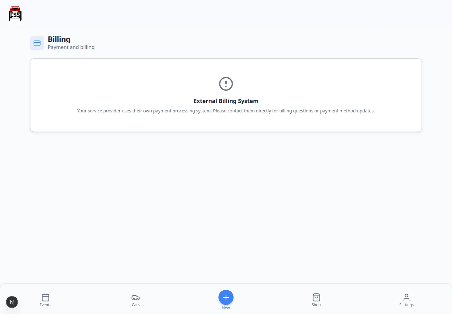 Customer portal Billing page showing billing navigation and account billing information