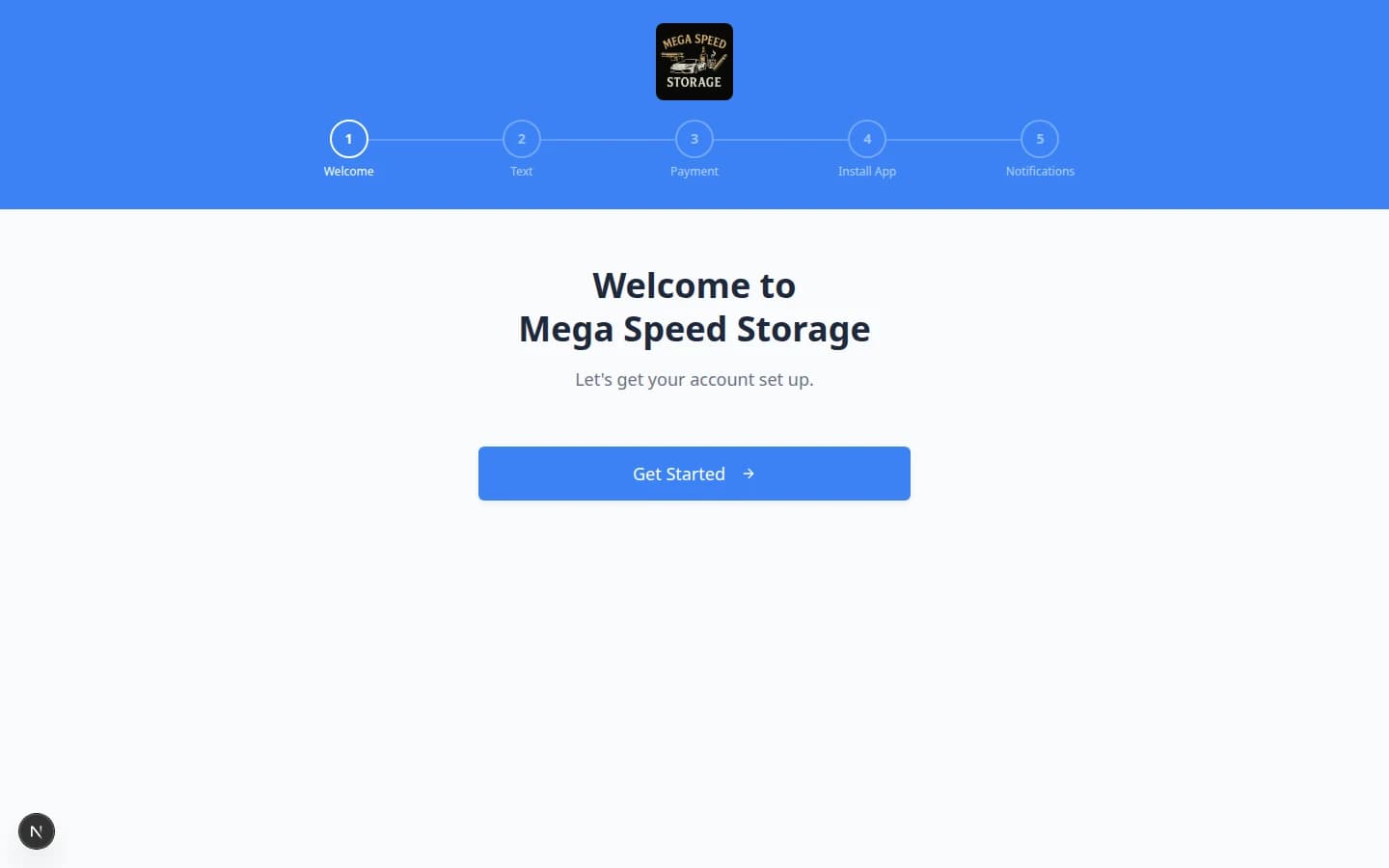Customer portal onboarding welcome screen showing numbered setup steps and a Get Started button