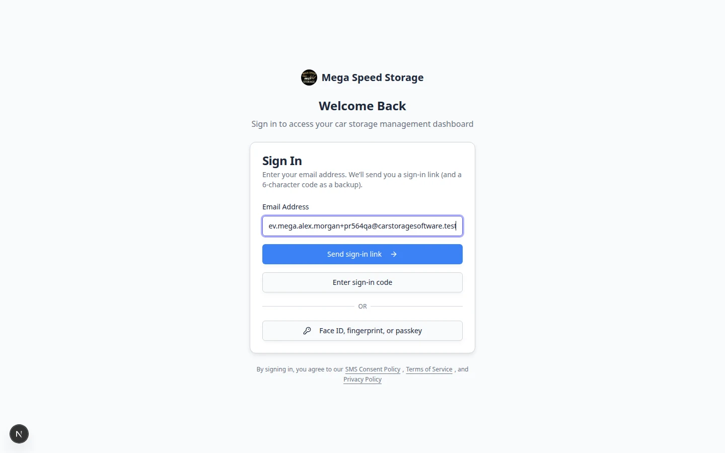 Customer sign-in page showing email field and Send sign-in link button branded for the facility