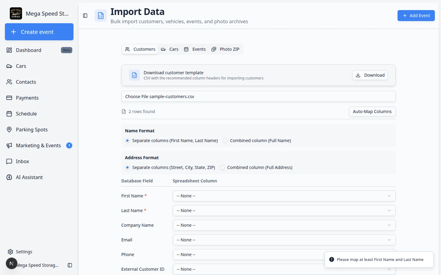 Import Data page with the Cars tab selected showing the car import template and file upload area