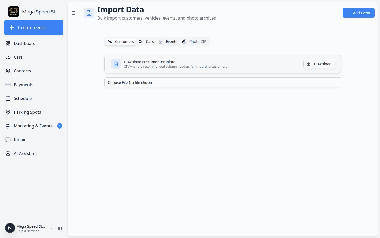 Import Data page showing Customers, Cars, Events, and Photo ZIP tabs at the top