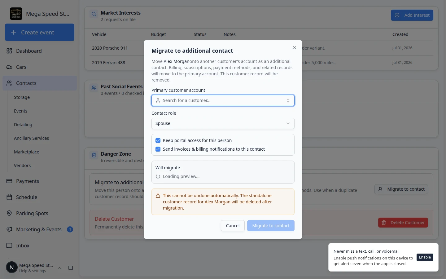 Migrate to additional contact dialog asking which customer record should receive the history