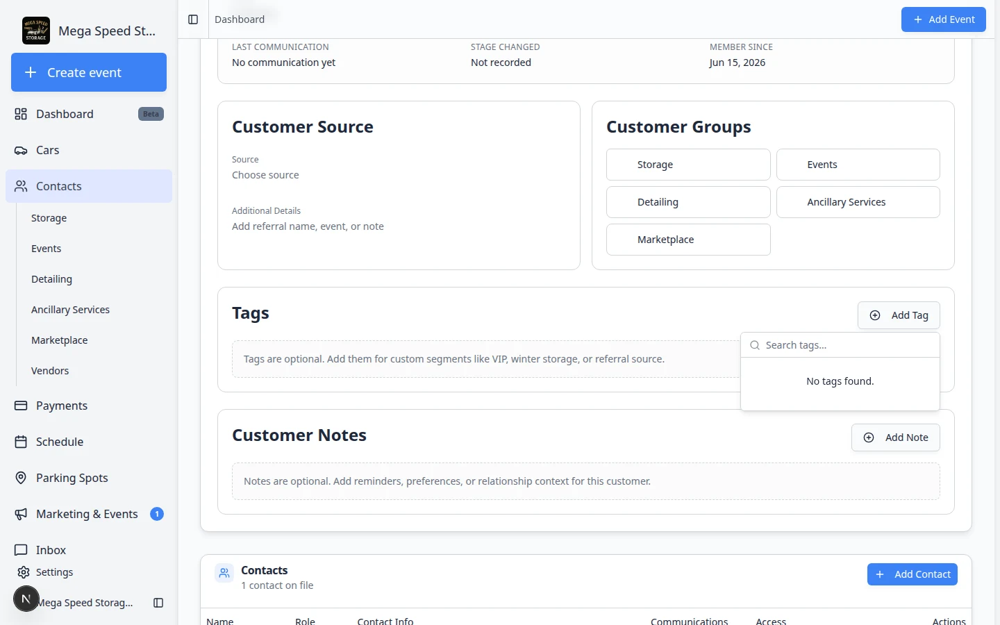 Tag picker open from the customer detail page