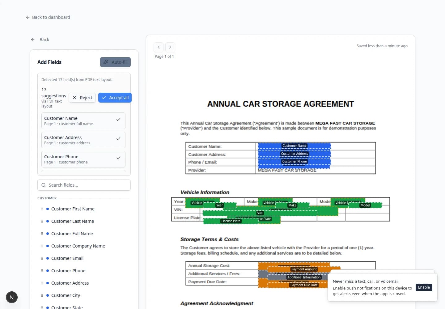 Contract template editor showing Auto-fill suggestions panel with Accept all and Reject buttons