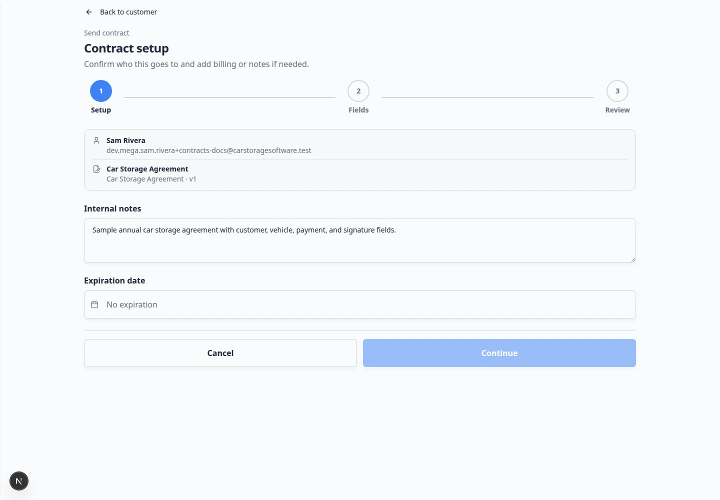Send contract Fill required fields step showing PDF preview with highlighted fields and a checklist on the right