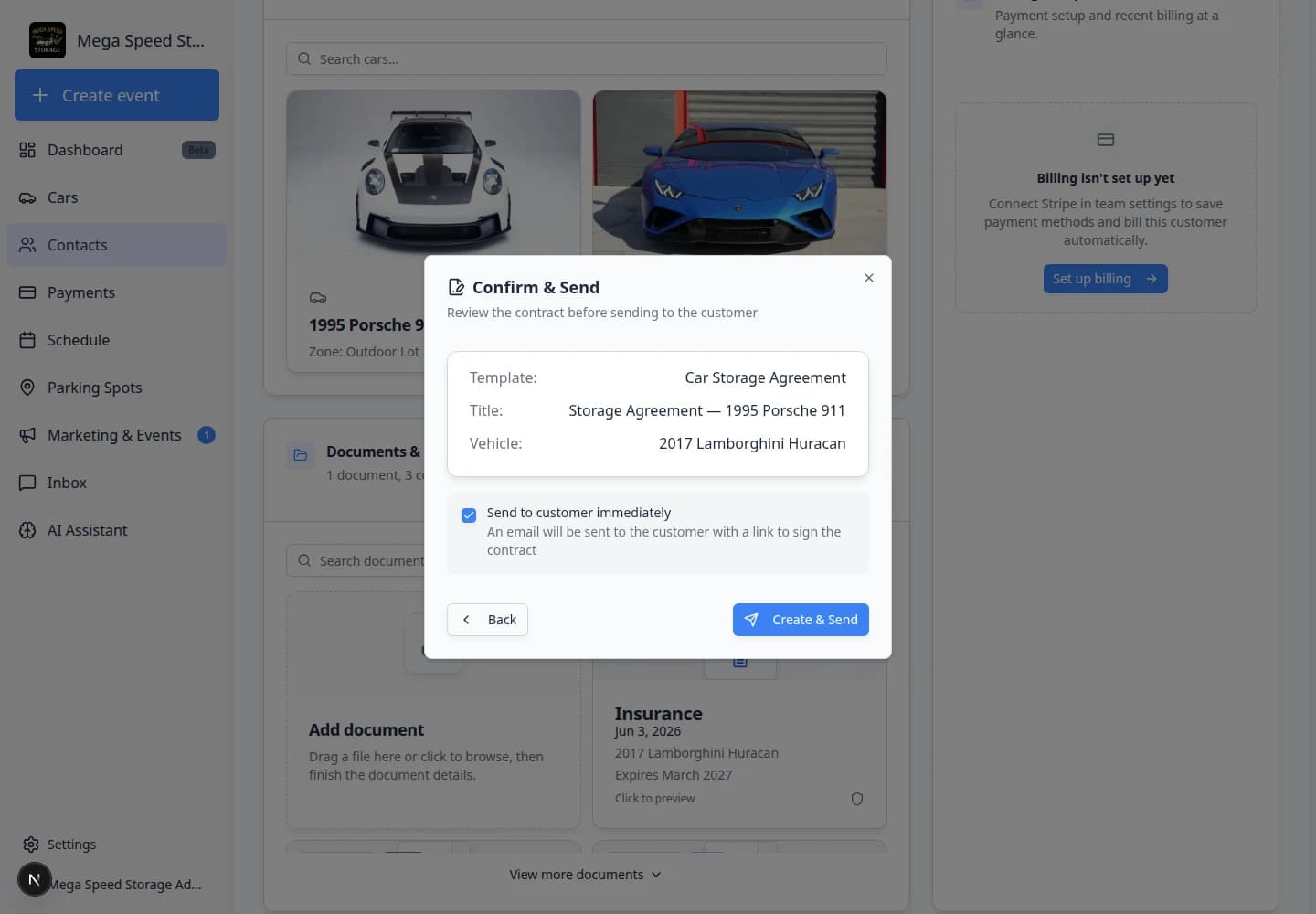 Confirm and Send screen showing contract summary before emailing the customer